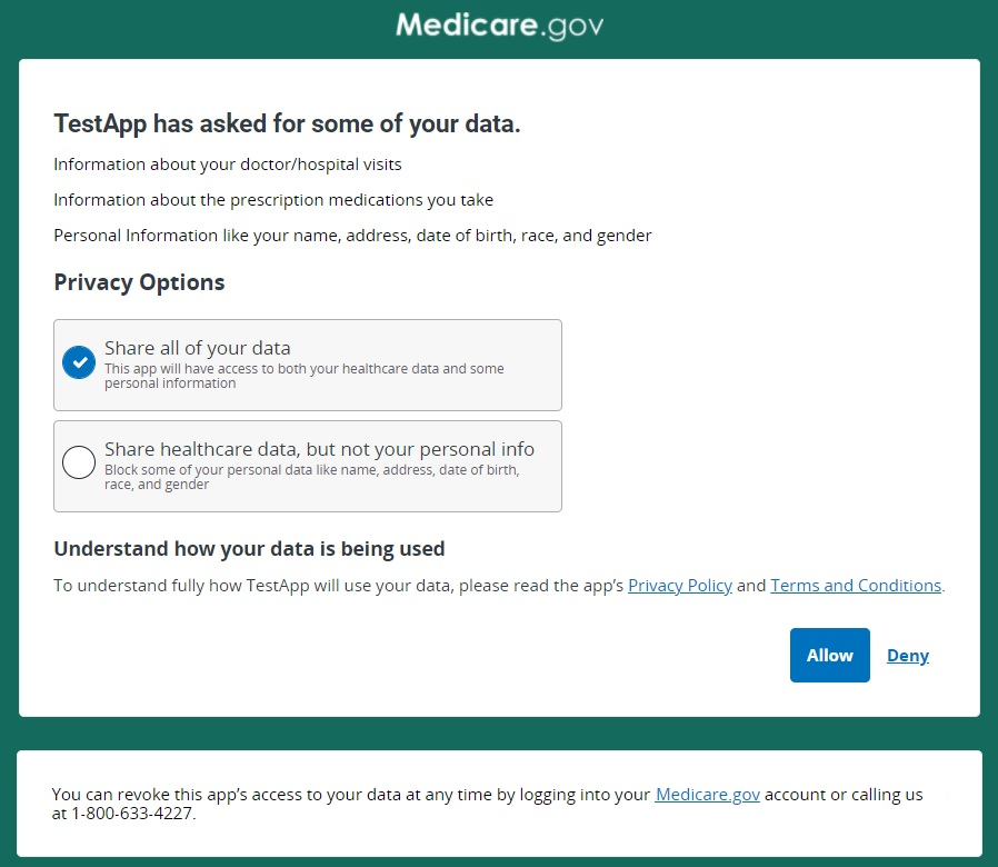 The OAuth screen with a choice for benes to share or withhold certain demographic information